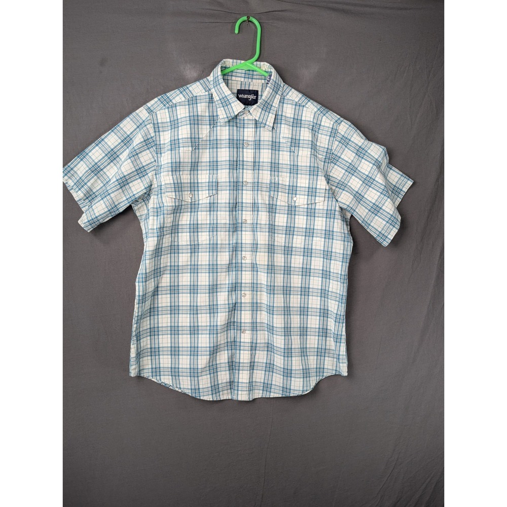 Wrangler Mens Blue Plaid Short Sleeve Western Pearl‎ Snap Shirt Large 5424